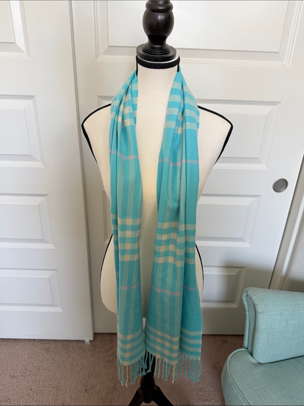 Light Turquoise Plaid Fringe Scarf - Women Accessories